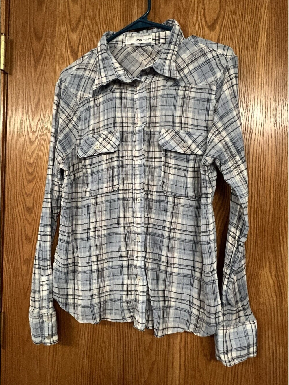 Mango MNG Women's Size 12 Textured Plaid Button Up Collard Shirt Blue